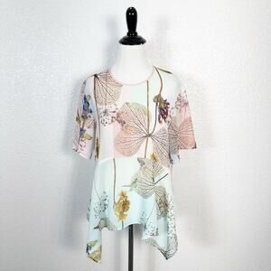 Clover Canyon Women’s Floral Sheer Short Sleeve Asymmetrical Chiffon Top Size XS